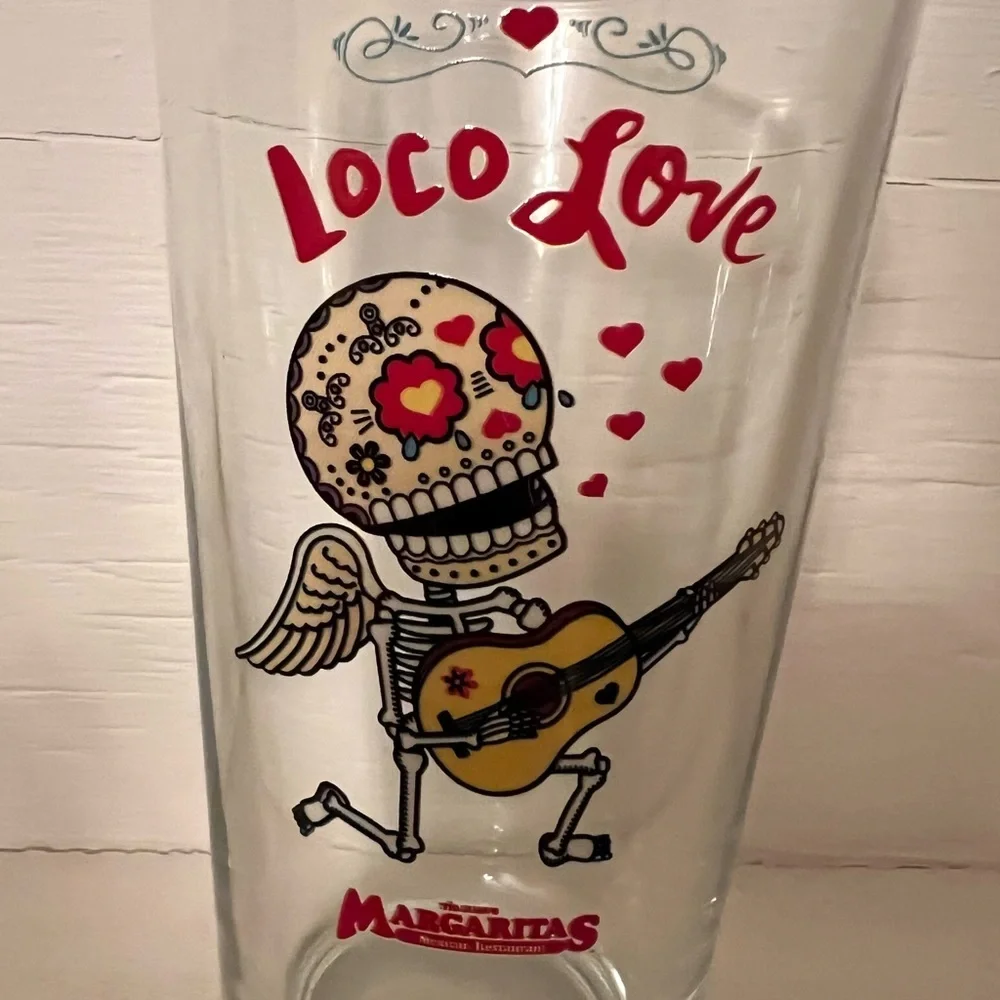 Loco Love skeleton Sugar skull playing guitar  Margarita's Valentine's glass EUC